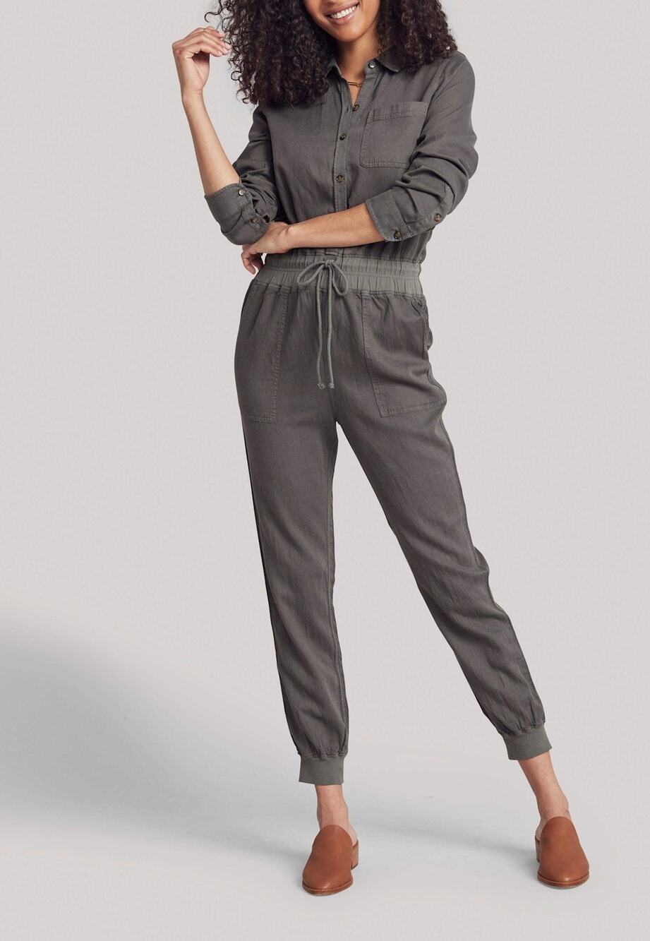 Faherty Arlie Day Surplus Green Tencel Linen Long Sleeve Utility Jumpsuit XL